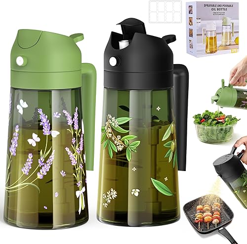 COOLMI Rociador de aceite de 16 onzas líquidas para cocinar, botella dispensadora de aceite de oliva de vidrio de grado alimenticio 2 en 1 para