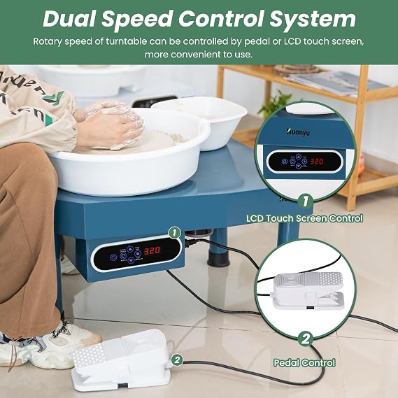Huanyu Pottery Wheel Ceramic Machine 25 cm with Foot Pedal & LCD Screen, Electric Pottery Machine with Detachable Basin Art Clay DIY Sculpting Tool Kit