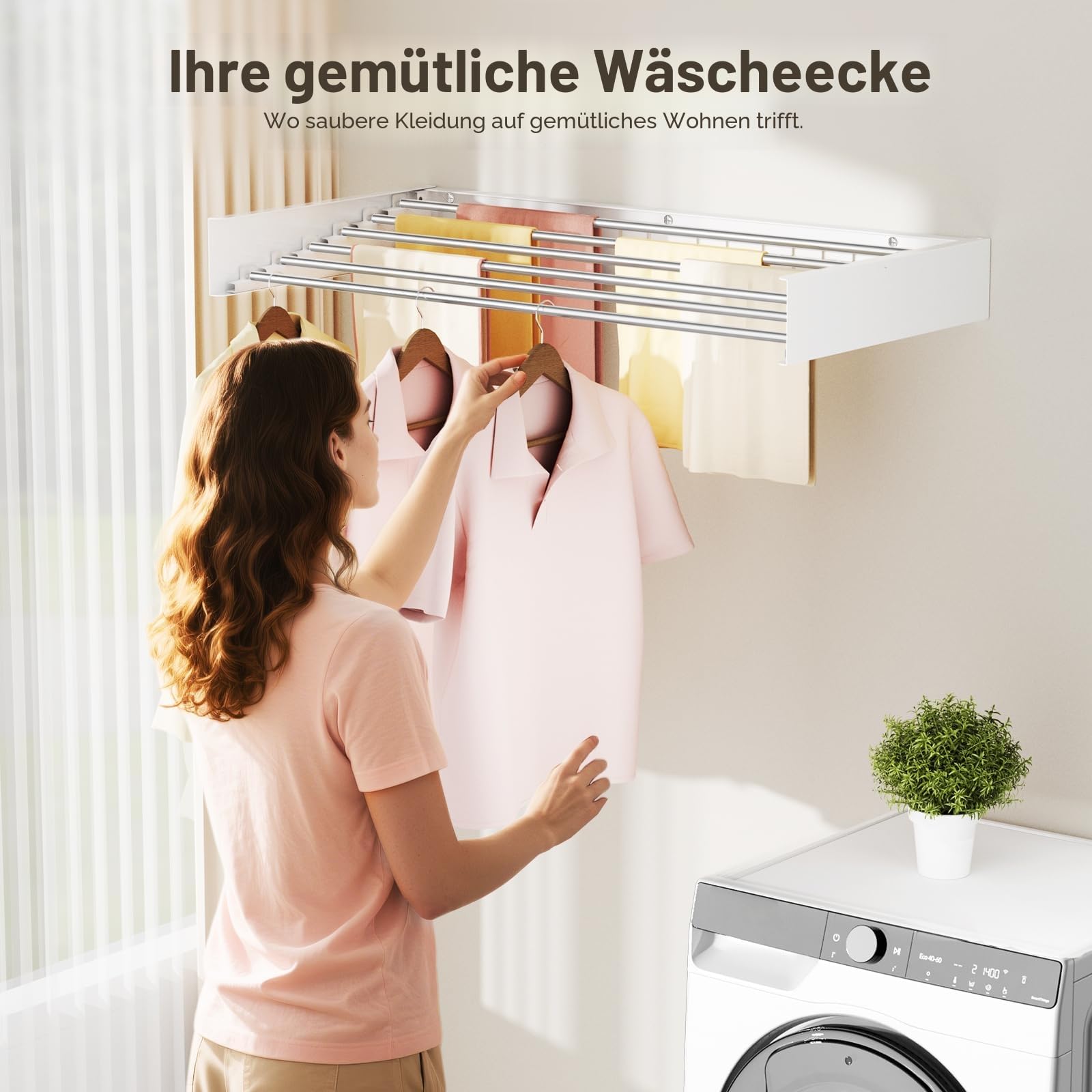 Wandmontierter klappbarer Wäscheständer, Faltbarer unsichtbarer Platzspar-Wäschetrockner, ausziehbarer Handtuchtrockner mit Bohrschablone (6 Trockenstangen, Weiß 100 cm)