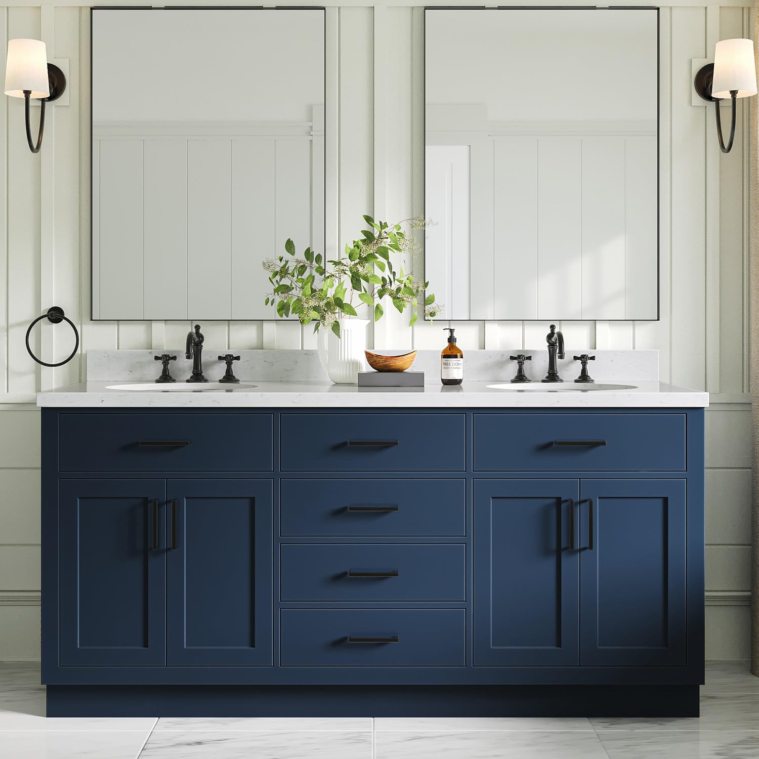 ARIEL Hepburn 72 Inch Bathroom Vanity with Solid Wood and Quartz Countertop in Midnight Blue
