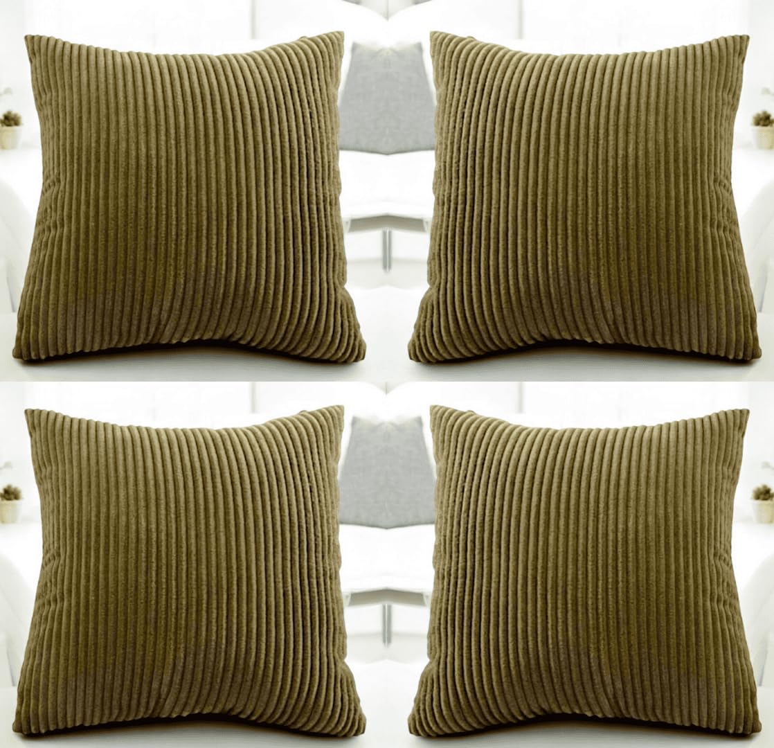 Seechoo Corduroy Cushion Covers, Set of 4, 40 x 40 cm, Plain Soft Striped, Assorted Colours (Khaki Green) - Image 2