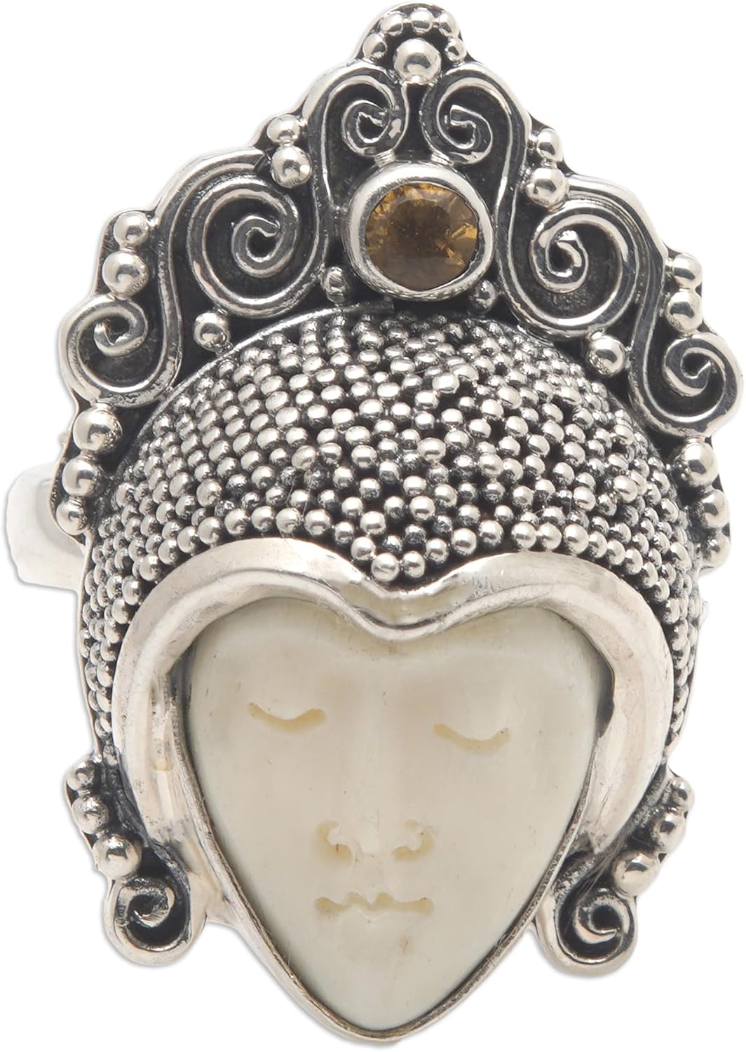 NOVICA Artisan Handmade Citrine Cocktail Ring Cow Bone Silver Sterling Yellow Indonesia Birthstone [crownbezel 1.1 in L x 0.7 in W Band Width 3 mm W] ' Sleeping Prince'