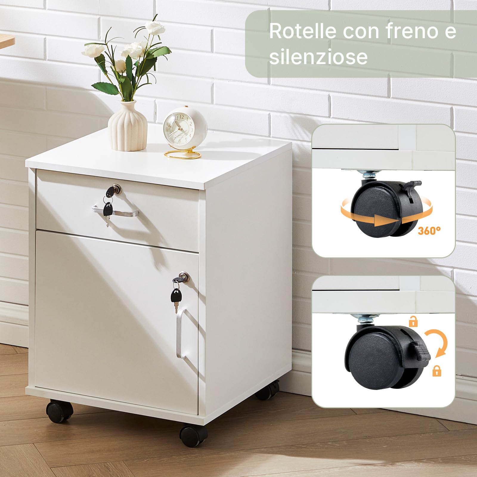 LEMROE Armadietto mobile a 2 cassetti con serratura e ruote in legno stile industriale per casa ufficio (bianco, 1 cassetto + 1 armadio)