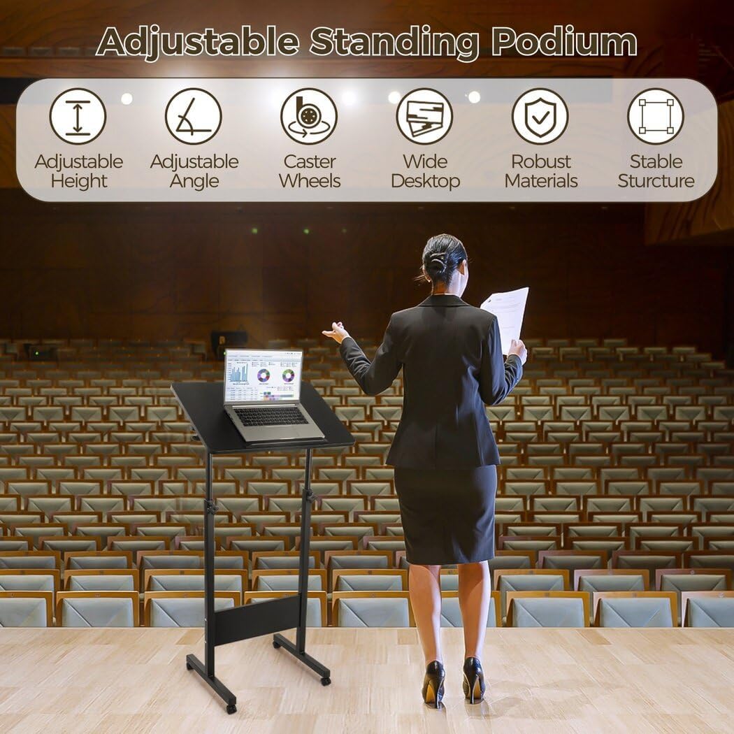 Mobile Podium, Adjustable Standing Desk with Caster Wheels, Adjustable Height 360° Swivel Desktop, Versatile Podium Laptop Desk Stand Up Desk Easel Presentation Lectern (Black)