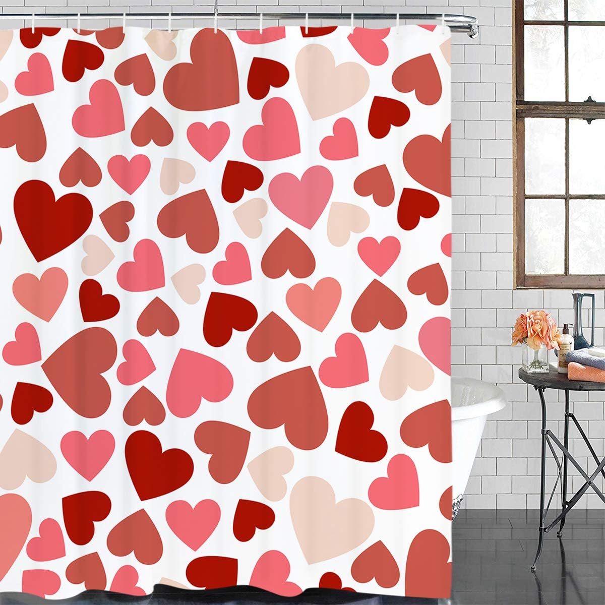 Alishomtll Valentine's Day Shower Curtain Pink and Red Sweet Heart Shower Curtain with 12 Hooks, Waterproof Shower Curtain for Bathroom Valentine's Day 70" L × 69" W