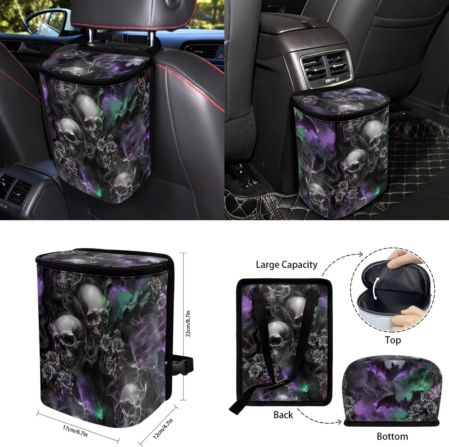 Goth Skull Car Seat Covers Set of 15 with Universal Steering Wheel Cover, Rearview Mirror Cover, Car Trash Can, Seatbelt Pads, Cup Holder Coasters, Keychains