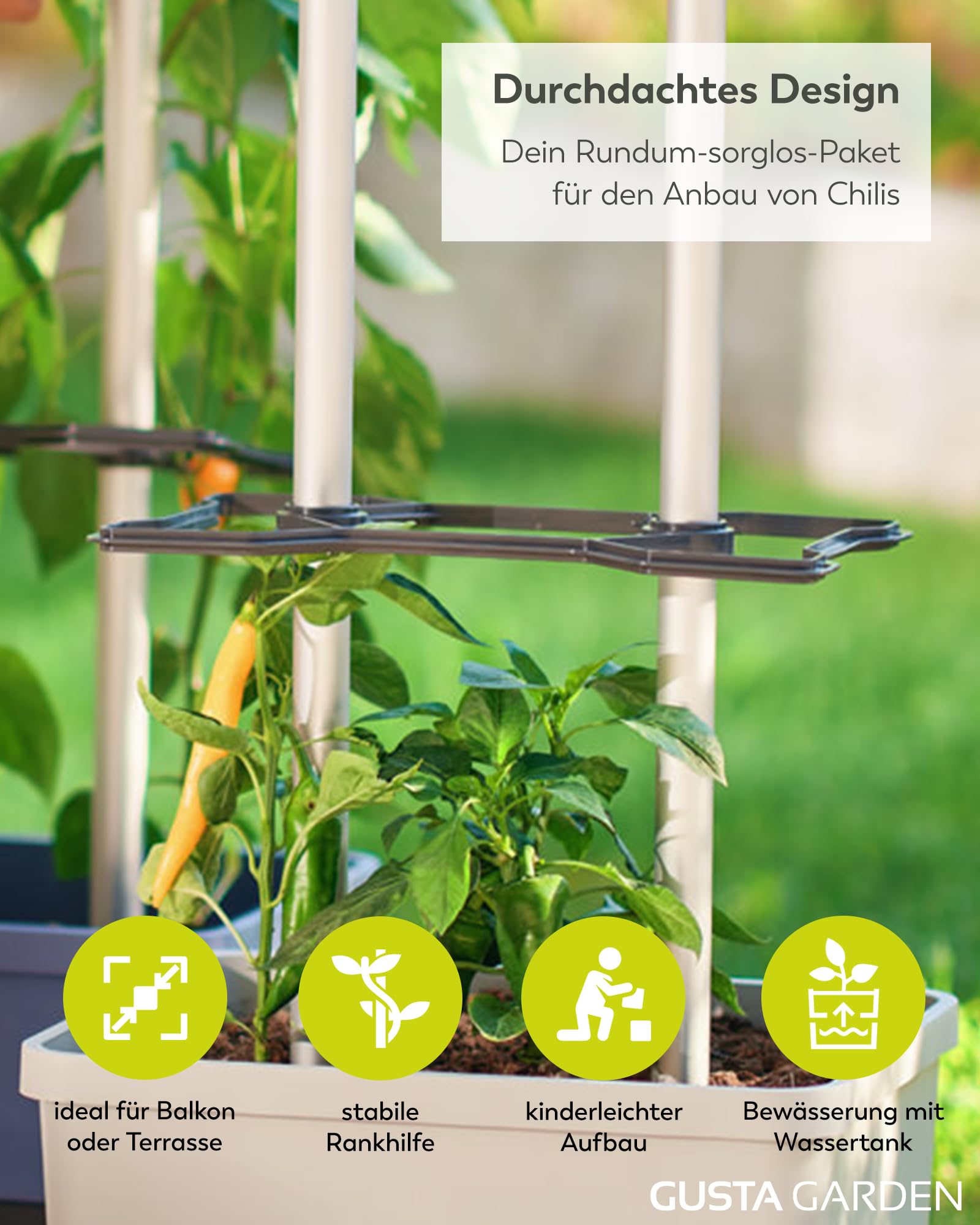 GUSTA GARDEN Charly Chili Chilitopf - Pflanzentopf mit Rankhilfe,  Bewsserungssystem & Robustem Rahmen (Hellgrau, XL): Amazon.de: Garten