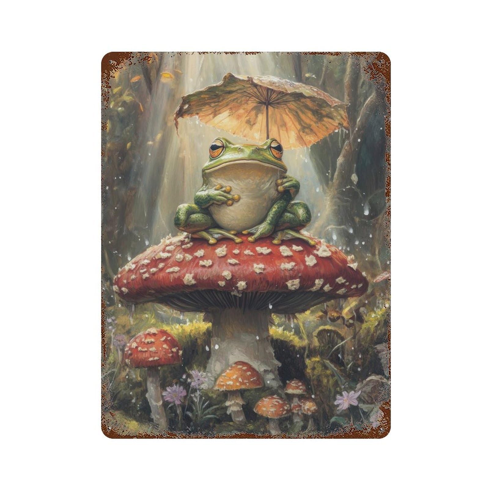 Frog on A Toadstool Cottagecore Decor Dark Academia Enchanted Illustration Vintage Nature Rustic Aesthetic Wall Decor Art Metal Tin Poster Modern Home Decor Art Home Bar Shop Decorations Vintage Sign