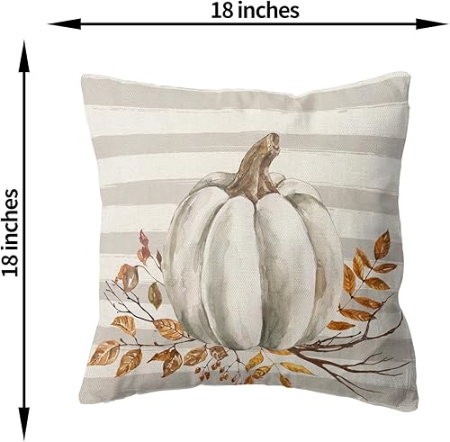 Miniatura 6 de Juego de 2 fundas de almohada de otoño de 18 x 18 pulgadas, decoración de otoño a rayas blancas de calabaza para otoño, Acción de Gracias,