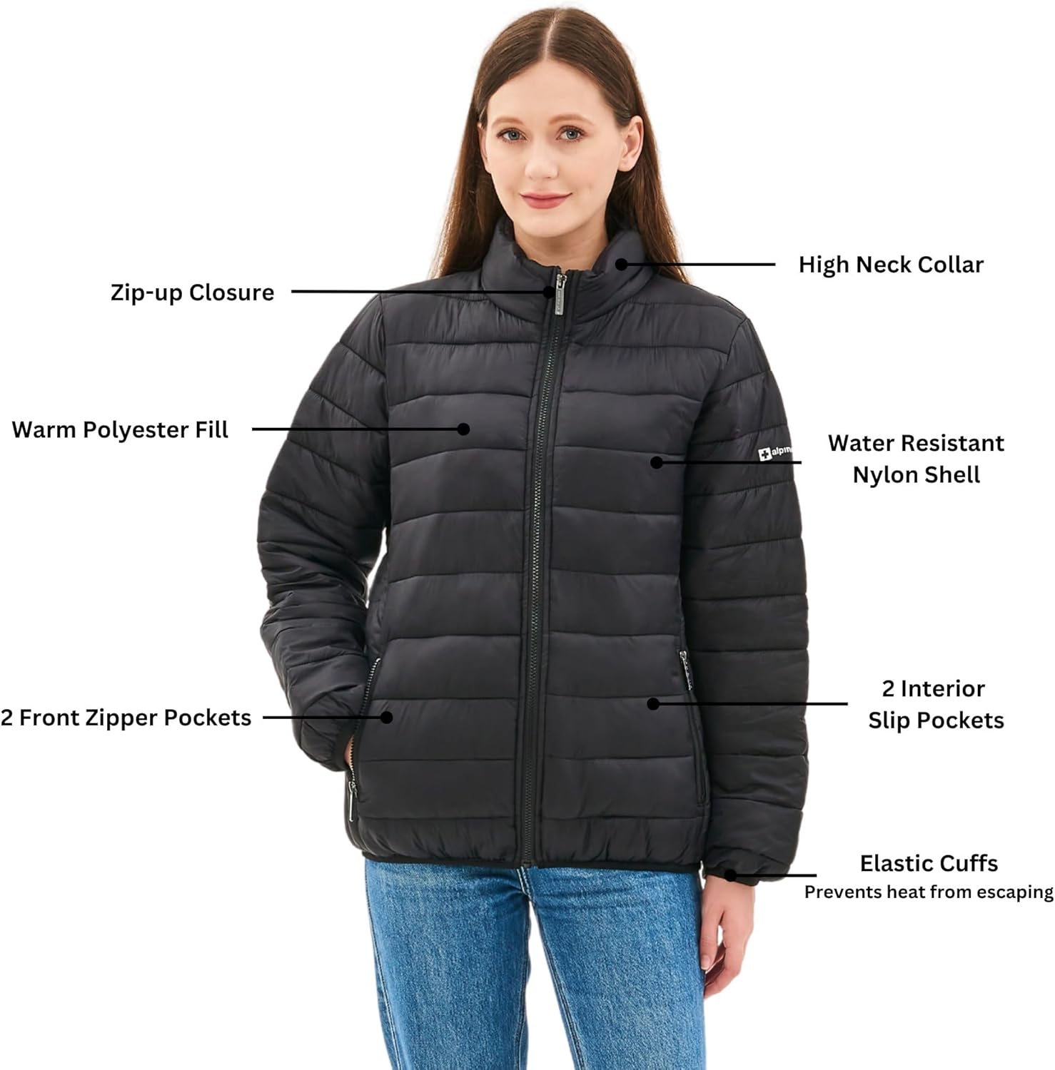 Alpine Swiss Amy Womens Puffer Jacket Insulated Water Resistant Lightweight Down Alternative Packable Coat Zippered Pockets