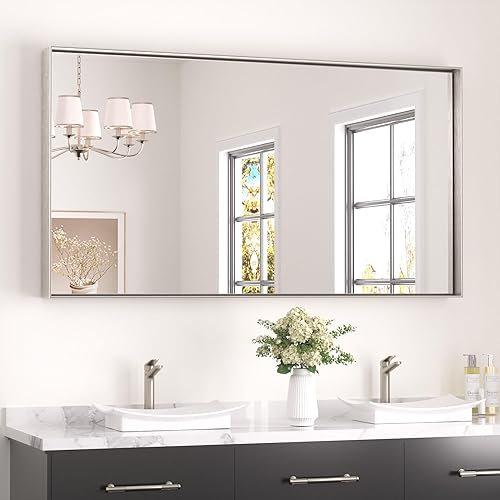 Miniatura 440 de Keonjinn Espejo de baño dorado de 48 x 36 pulgadas, espejo rectangular con marco de metal dorado cepillado, espejo de pared grande rectangular