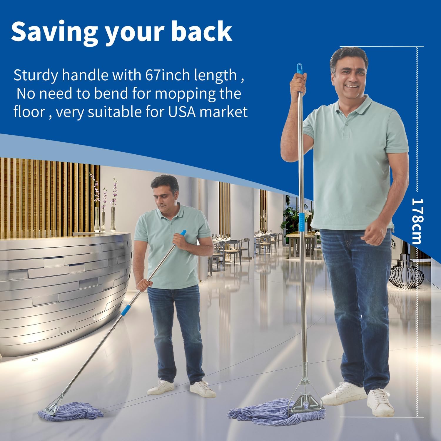 Heavy Duty Loop End String Mop, 67Inch Stainless Steel Handle, Commercial Industrial Grade Mop for Floor Cleaning, 2 Packs