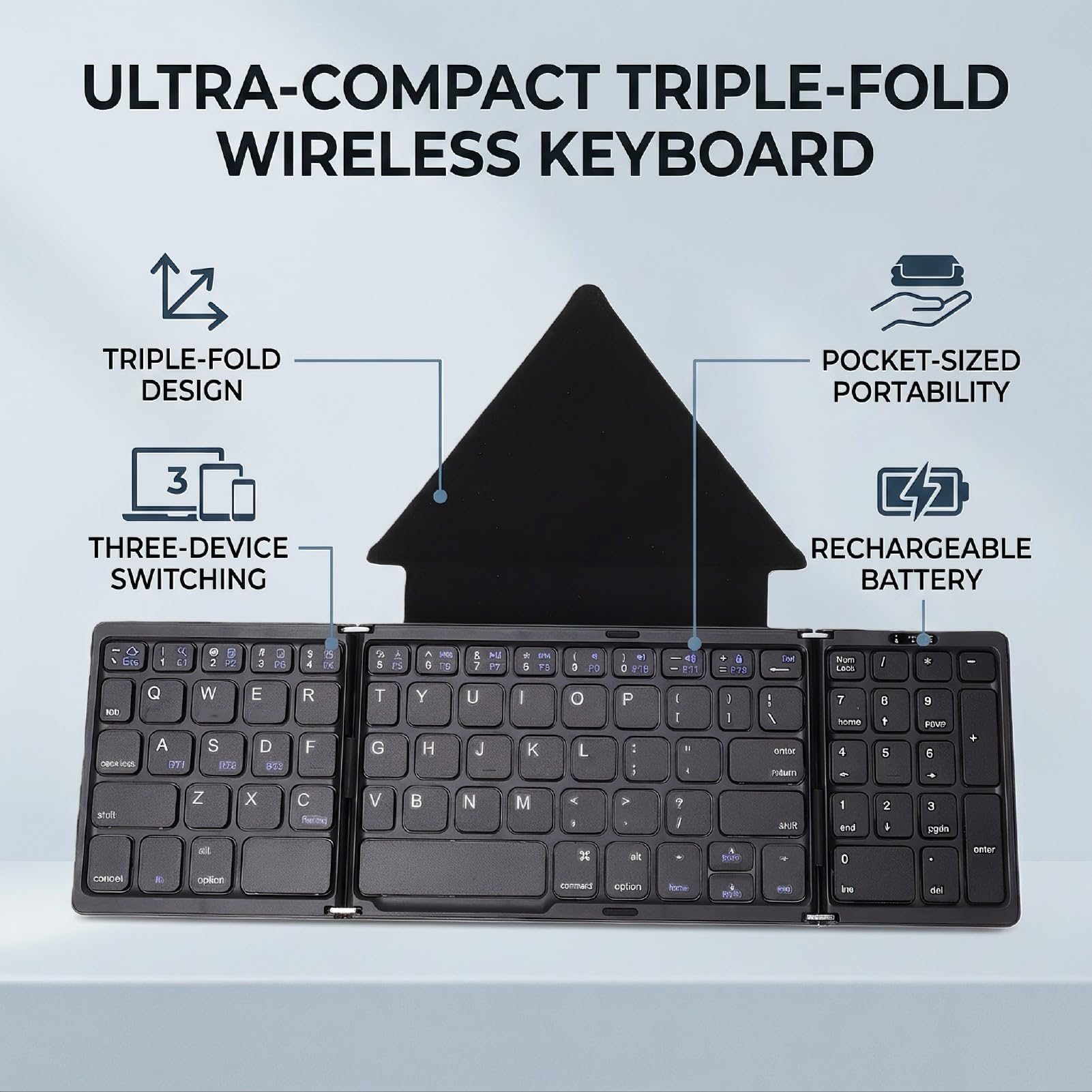 Teclado Inalámbrico Plegable, Diseño Compacto de Triple Plegado (Black)