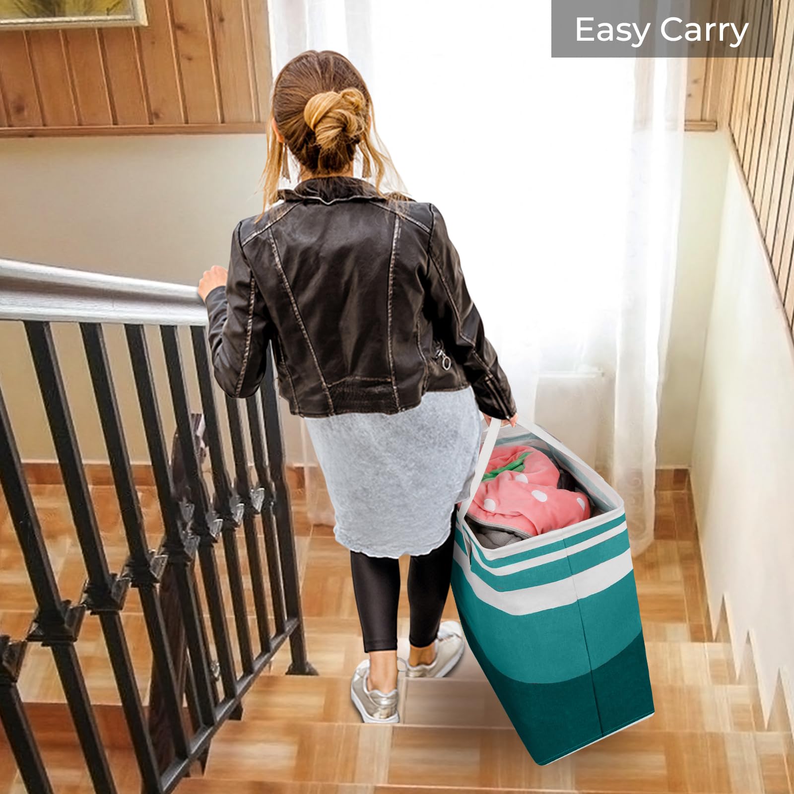 HomeHacks - Confezione da 2 cesti portabiancheria grandi, impermeabili, autoportanti, pieghevoli, con manici estesi, per vestiti, giocattoli, dormitorio e famiglia, verde, 125 l