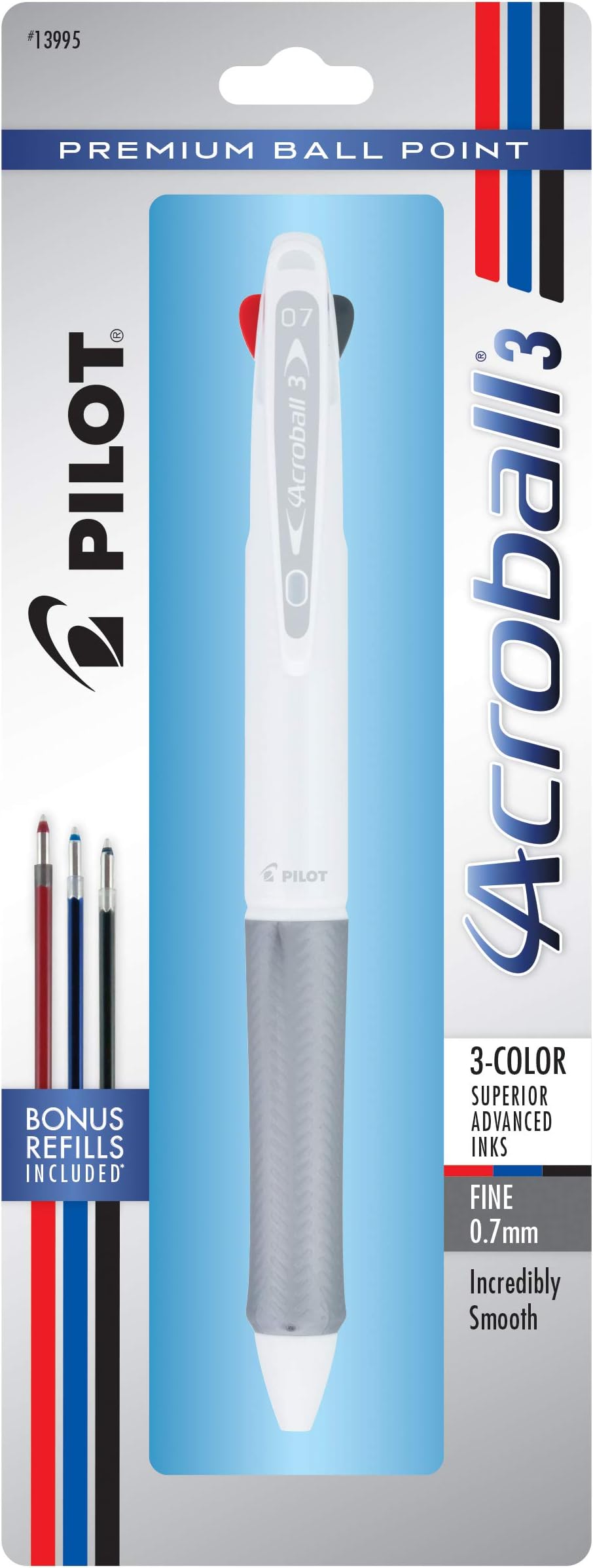 PILOT Acroball 3 Premium Multi-Function Advanced Ink Pen, Fine Point, Black/Blue/Red Inks, White Barrel, Single Pen (13995)
