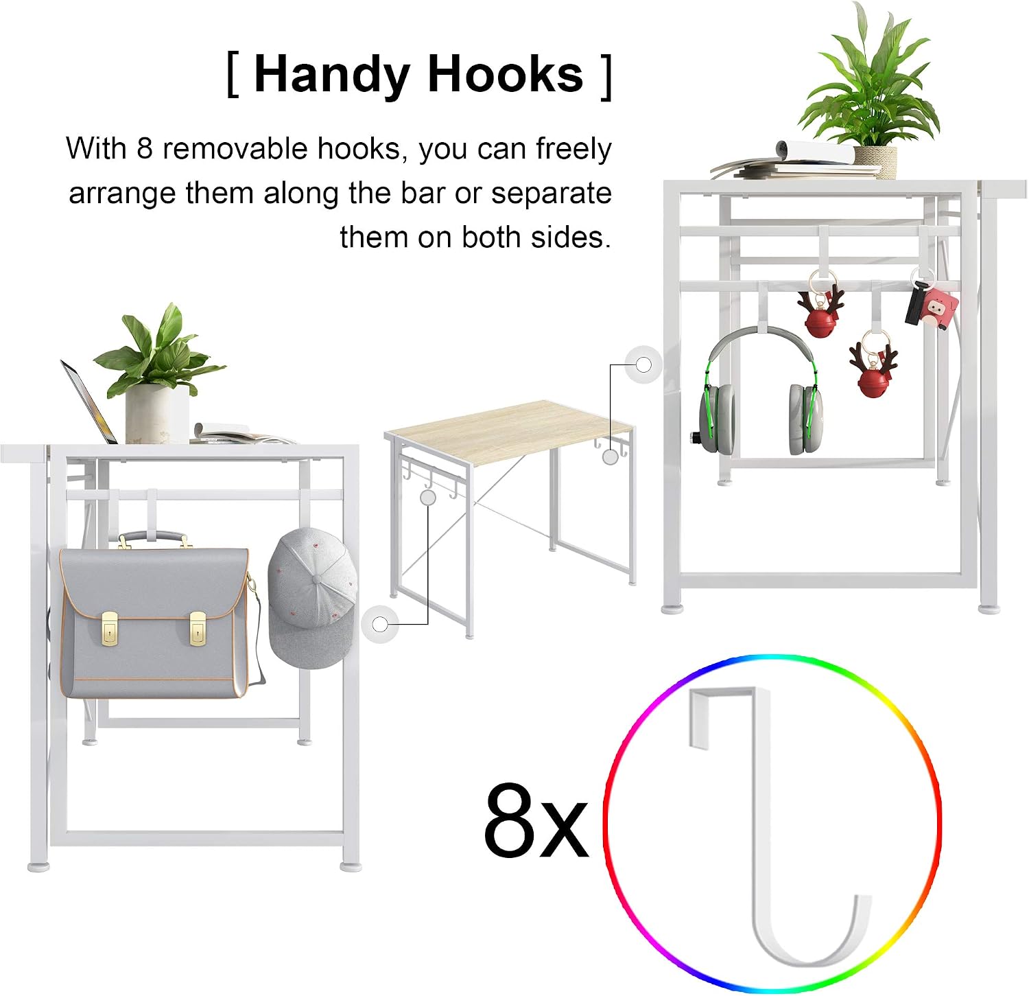 4NM 35.4" Small Desk with 8-Hook No-Assembly Folding Computer Desk Home Office Desk Laptop Study Writing Table - Natural and Hook