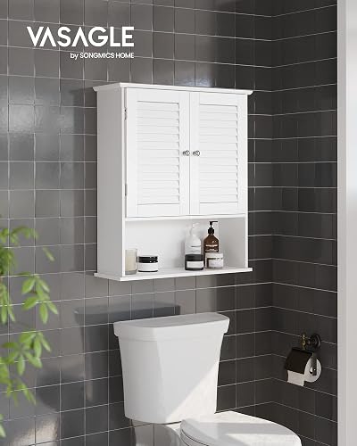 VASAGLE Meuble Mural, Meuble de Rangement Suspendu pour Salle de Bains, Armoire à Pharmacie avec Étagère Réglable, Double Porte et Étagère Ouverte, 20 x 60 x 70 cm, Blanc BBC27WT - 2