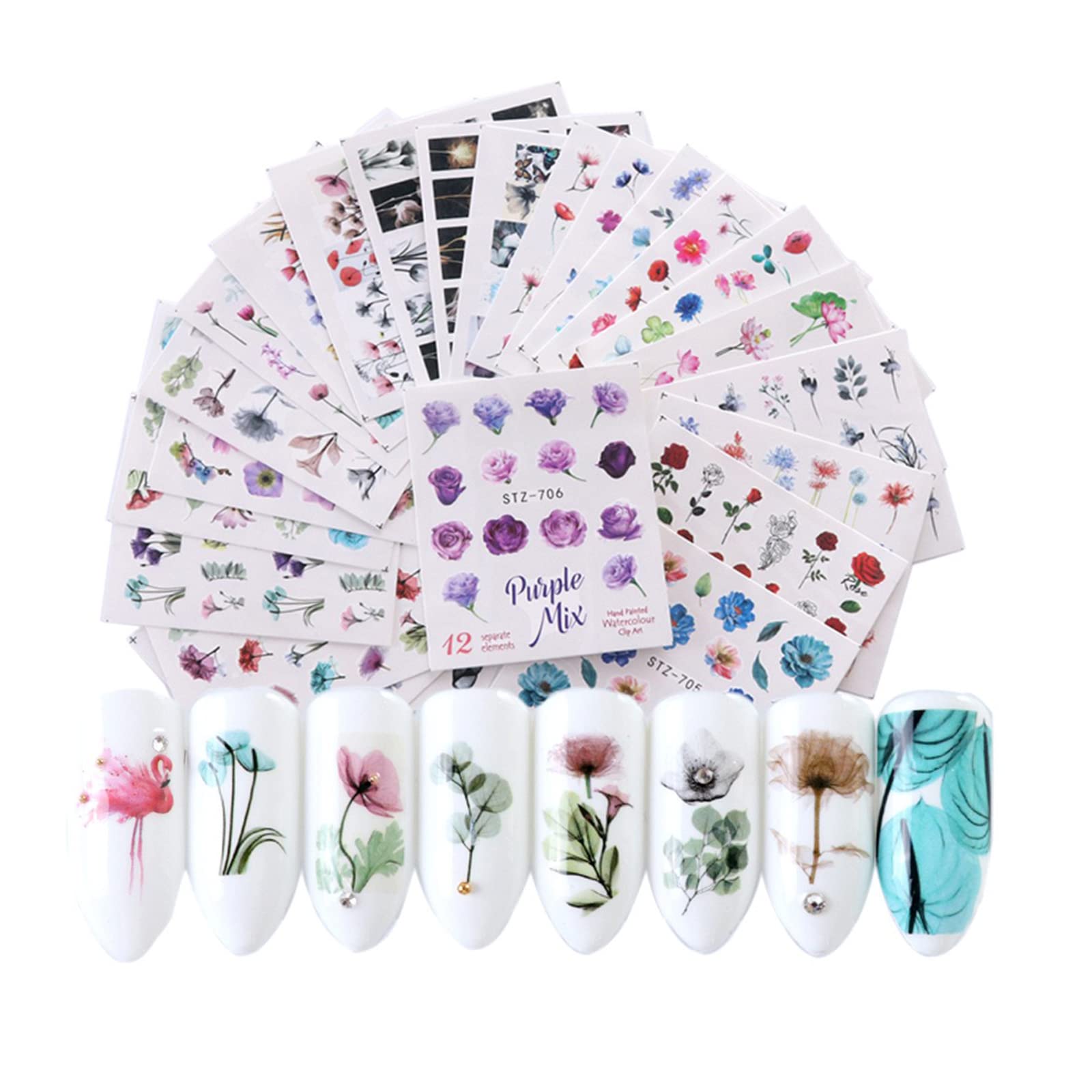 Cyalean Nail Art Stickers, 24 Sheets Water Transfers DIY Art Nail Stickers Self Adhesive Colorful Flowers Watermark Nail Sticker for Women Girls Manicure DIY and as Kids Craft Art