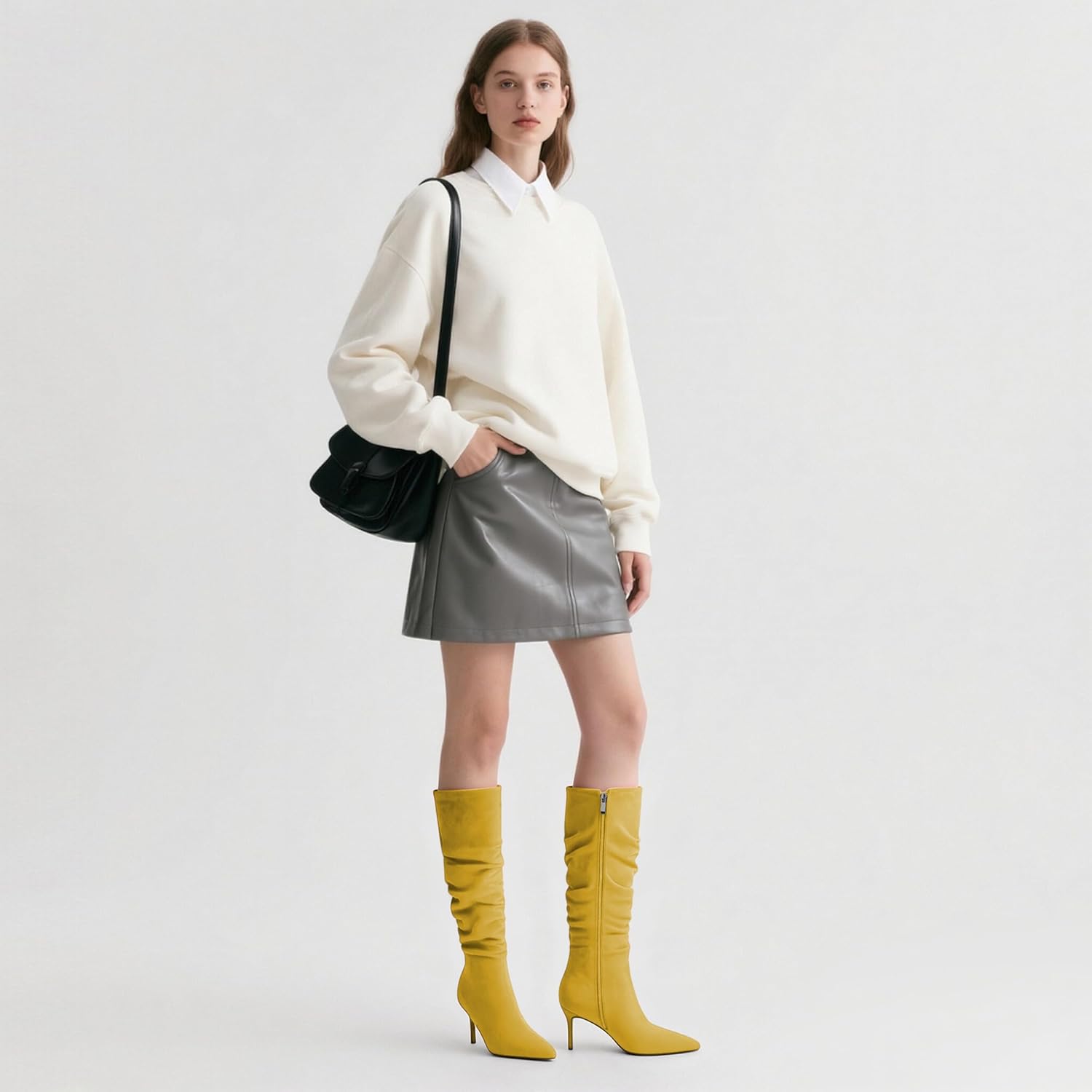 AUMOTED Womens Slouchy Knee High Boots Mid Calf Boots Kitten Heel Pointed Toe 2.5 Inch Heeled Boots - Image 6