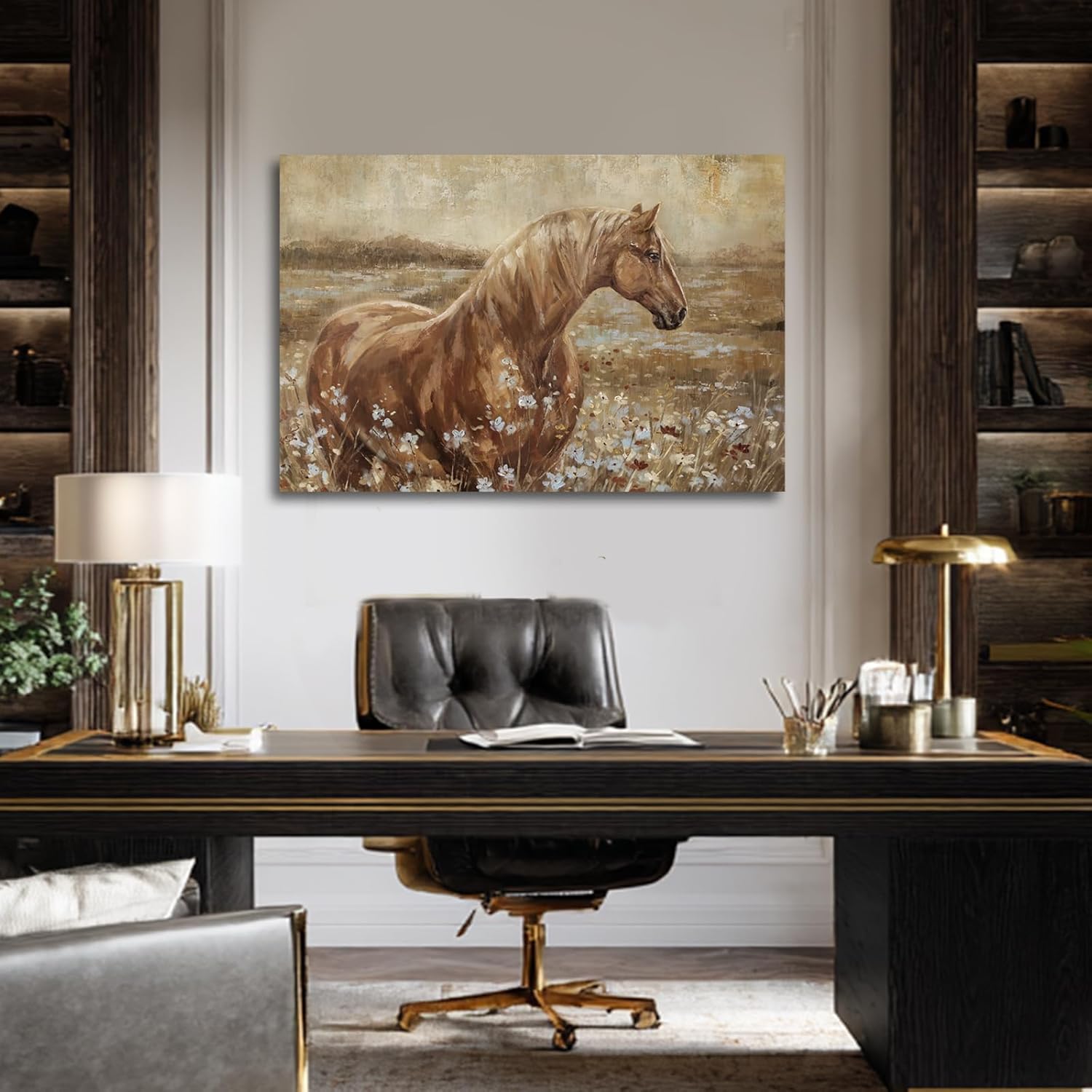 ZENPEE Horse Canvas Wall Art for Farmhouse Decor, Neutral Brown/Beige Equestrian Picture with Wildflower Meadow, Animal Artwork for Living Room Bedroom Office, Ready to Hang, 24 x 36 Inches
