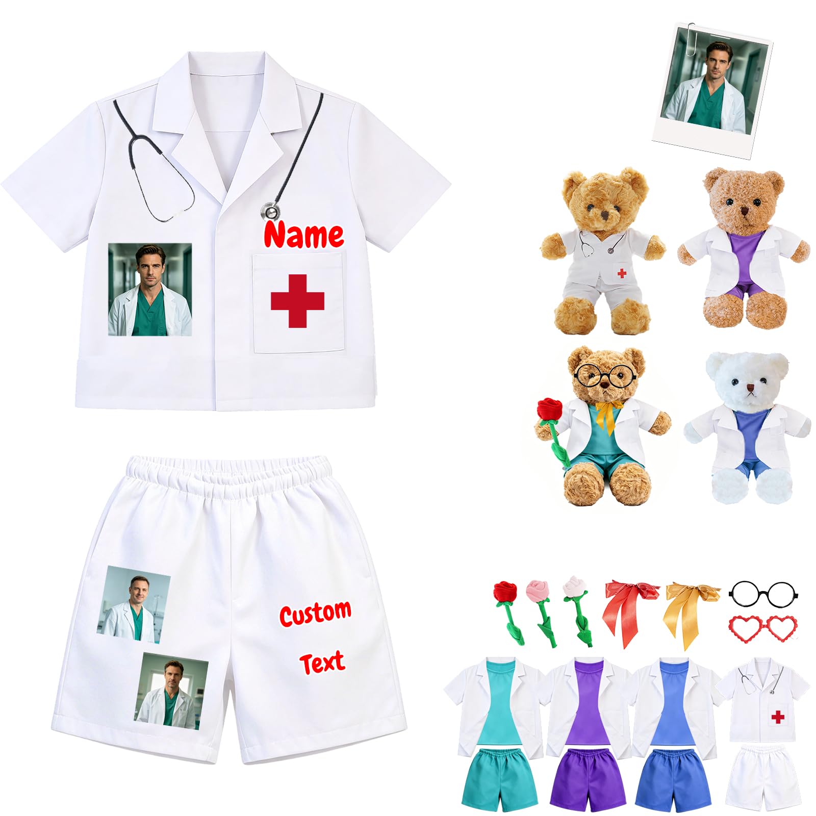DRAJOIN Personalised Doctor Teddy Bear Clothes Set with Scrub Top Pants and White Lab Coat, Fit 8-16 Inch Plush Clothes with Photo Name as Gift for Med Students Kids Career Simulation