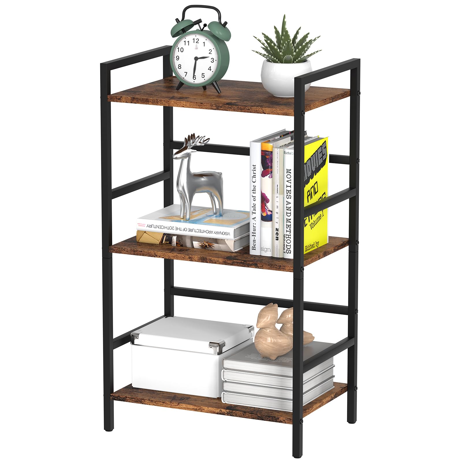 Small Bookshelf, Industrial Small Bookcase with Storage Organizer Shelf 3-Tier Wood Freestanding Open Book Shelves with Metal Frame for Home Office, Bedroom, Living Room, Entry Way, Rustic Brown