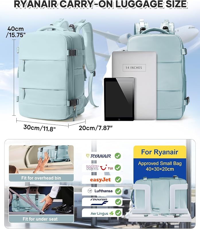 Rucsac de bagaj de mână cu vacuum BJLFS pentru Ryanair, cu sistem de vidare, compartiment pentru laptop de 14 inchi, 40x30x20 cm, 40x20x25 cm, cu pompă inclusă