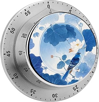 Blue And White Chinese Style Flower And Bird Kitchen Timer - Mechanical Visual Timer, Stainless Steel Digital Timers with Magnetic Base Egg Timers for Hard Boiled Eggs 60-Minute Countdown Kitchen Cloc