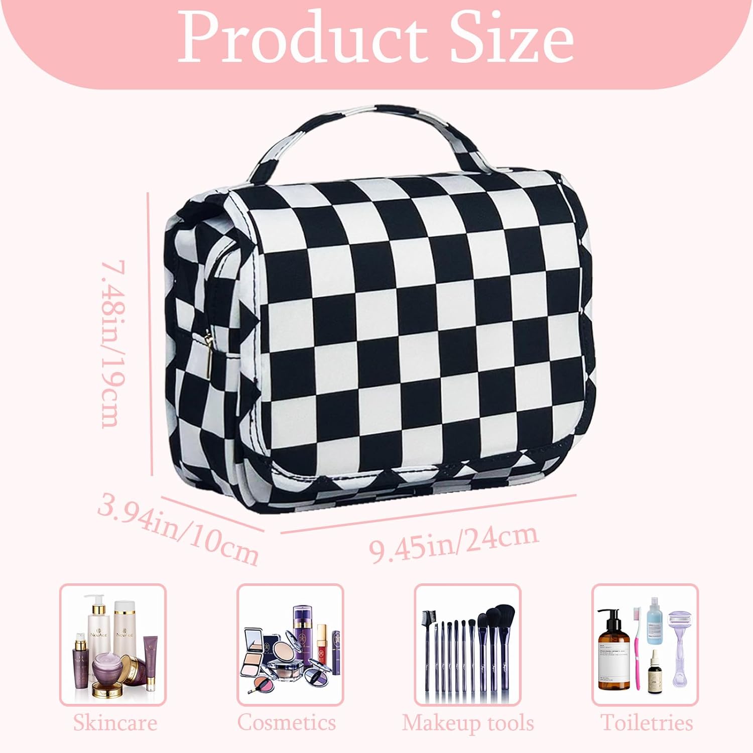 Crazy Bison Hanging Travel Toiletry Bag Kit Makeup Bag Cosmetics Organizer for Men Women (Black & White Checkerboard) - Image 3