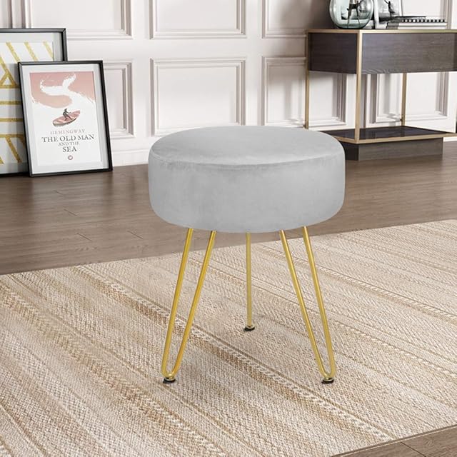 SCRIPTRACT Footstool Velvet Round Footrest Ottoman Modern Dressing table stool, Shoe Bench for Living Room Bedroom with 3 Golden Metal Leg(grey1)