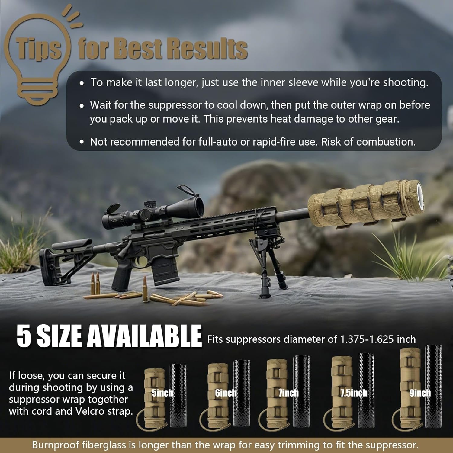 IC ICLOVER Suppressor Cover (5/6/7/7.5/9 inch), 1500°F Heat Resistant Suppressor Wrap & Burn Proof Fiberglass Sleeve, Microfiber Fireproof Heat Insulation Silencer Protection, Heat Shield for Shooting
