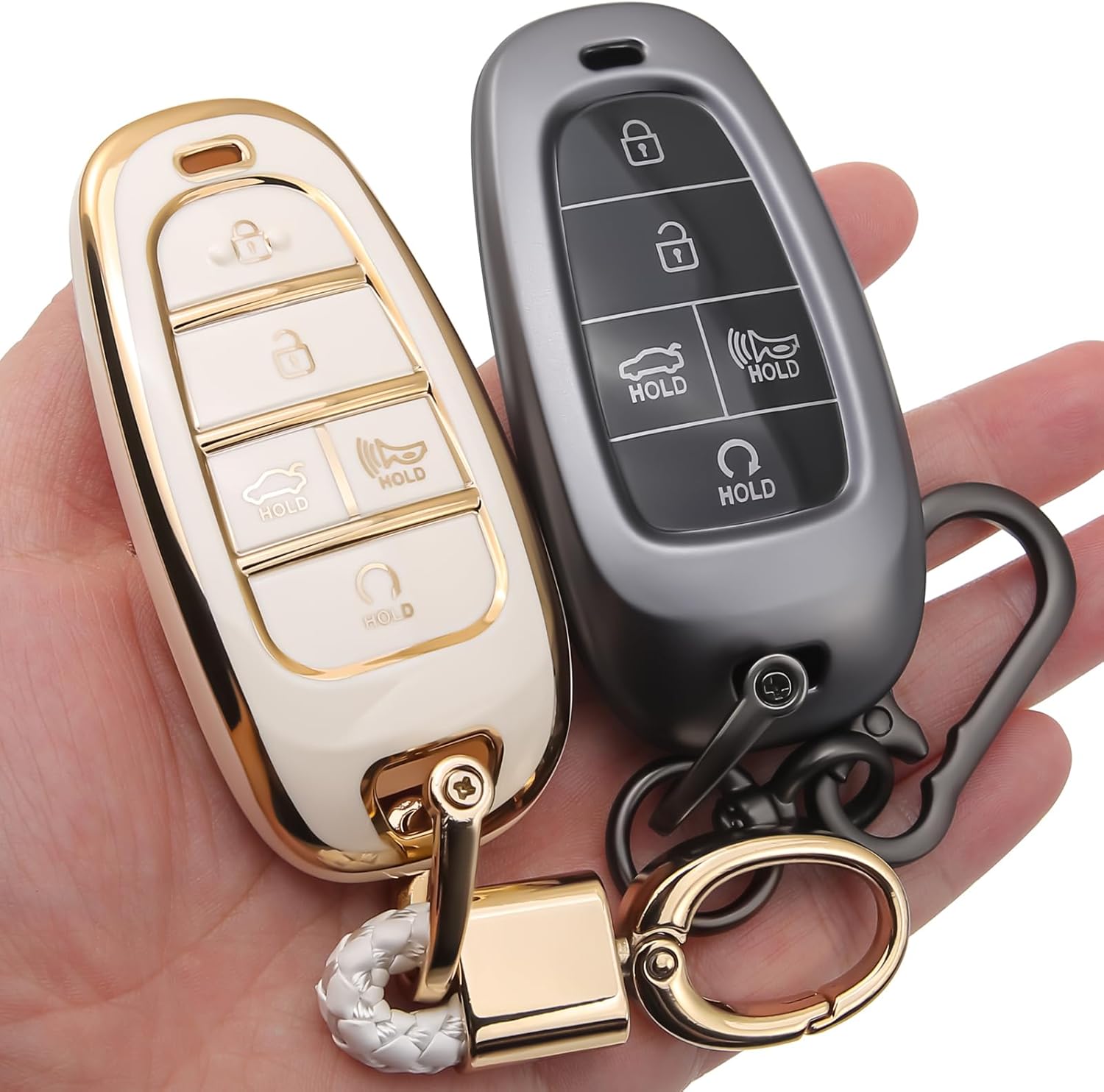 2PCS Compatible with Hyundai Key Fob Cover Fits 2020 2021 2022 2023 2024 2025 Palisade Tucson Santa Fe Sonata Santa Cruz Case Accessories TPU Protector 5 Buttons Grey/White