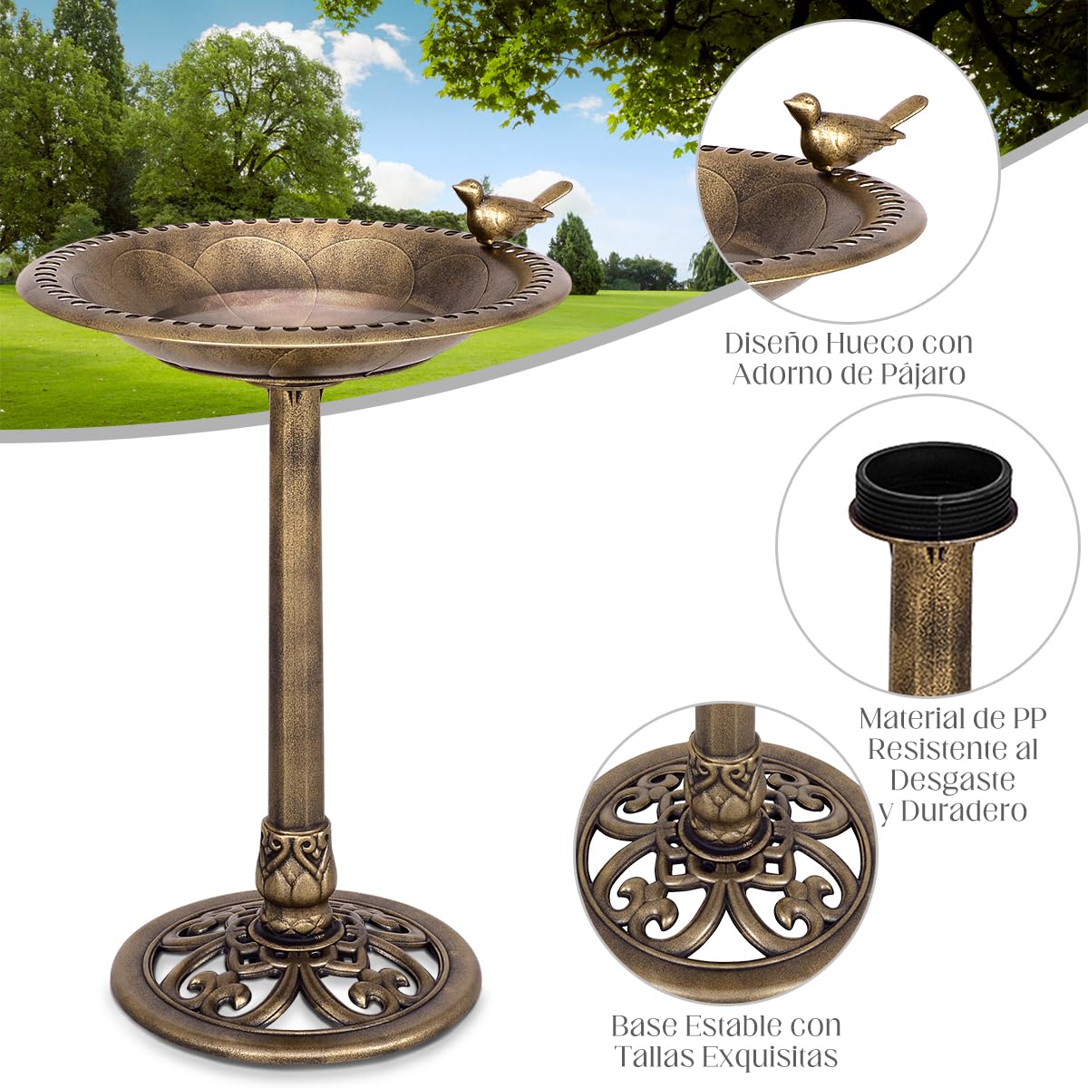 RELAX4LIFE 3 en 1 Comedero para Pájaros de PP con Soporte Grande, Bebedero para Pájaros con 3 Estacas a Tierra y Base Rellenable para Jardín, Patio y Parque, 51x51x72cm (Bronce)