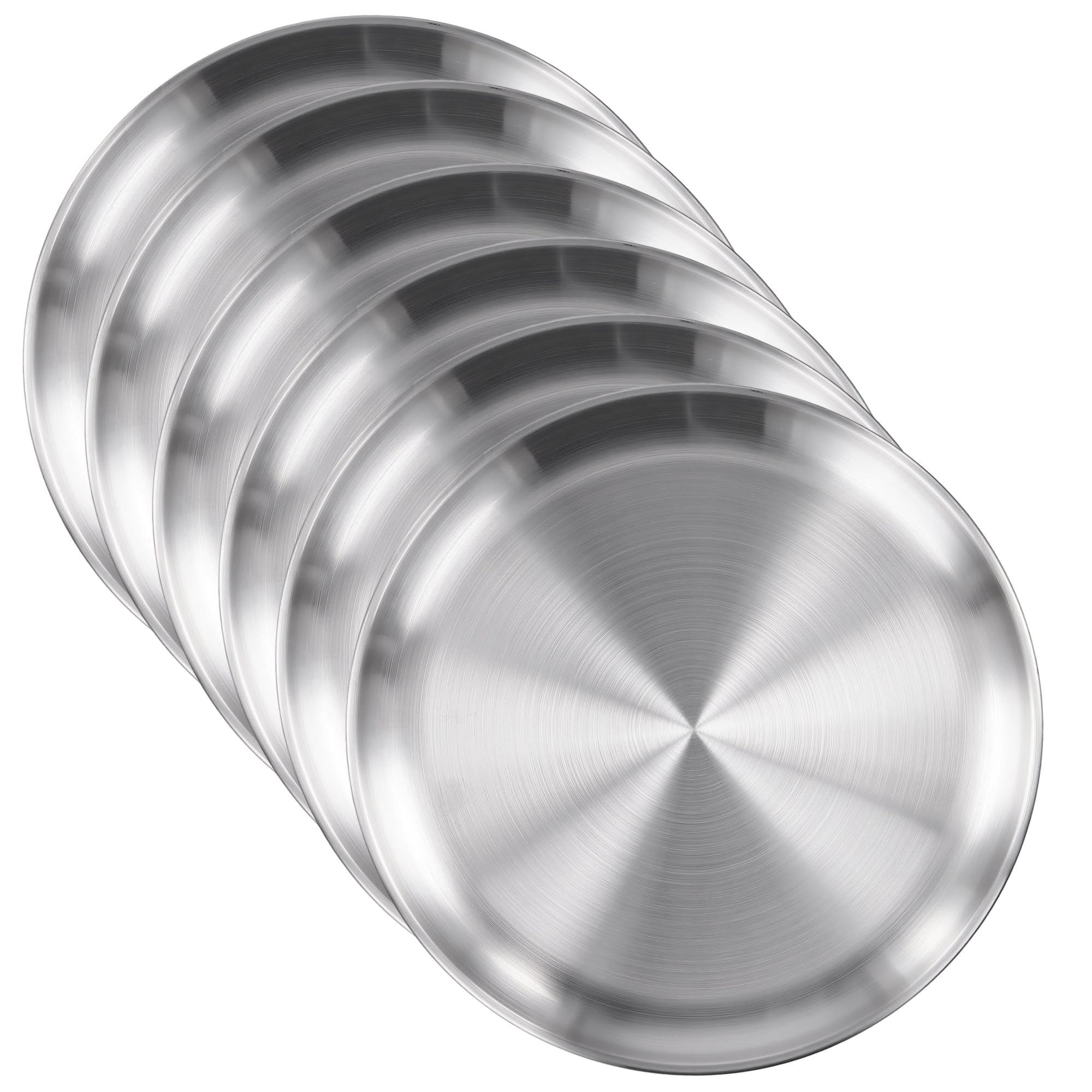 ZEONHAK 6 Pcs Stainless Steel Dinner Plates, Silver Round Metal Dish 26x1.5 cm, Large Camping Pizza Tray for Picnics and Barbecue