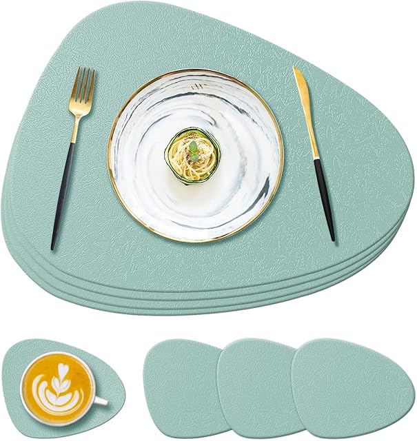 YUNJUER Silicone Placemats and Washable Coasters Set, Heat-Resistant 450 °F, Non-slip Wipeable Waterproof Table Mats for Dining Table, Restaurant, Indoor Kitchen, Outdoor BBQ, 8 Pieces, Light Green