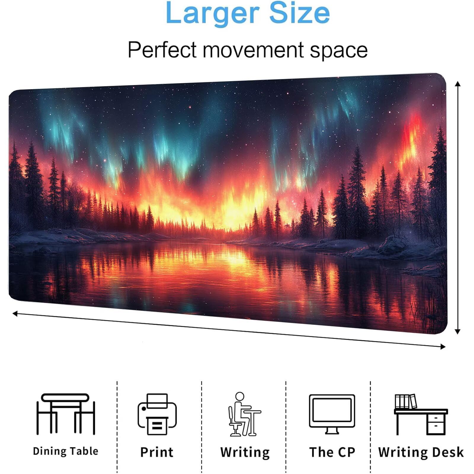 Zorza polarna podkładka pod mysz XXL Leśna podkładka pod mysz 1600 x 800 x 4 mm Podkładka pod mysz do gier, duża wodoodporna antypoślizgowa podkładka na biurko, podkładka pod mysz szyte krawędzie dla