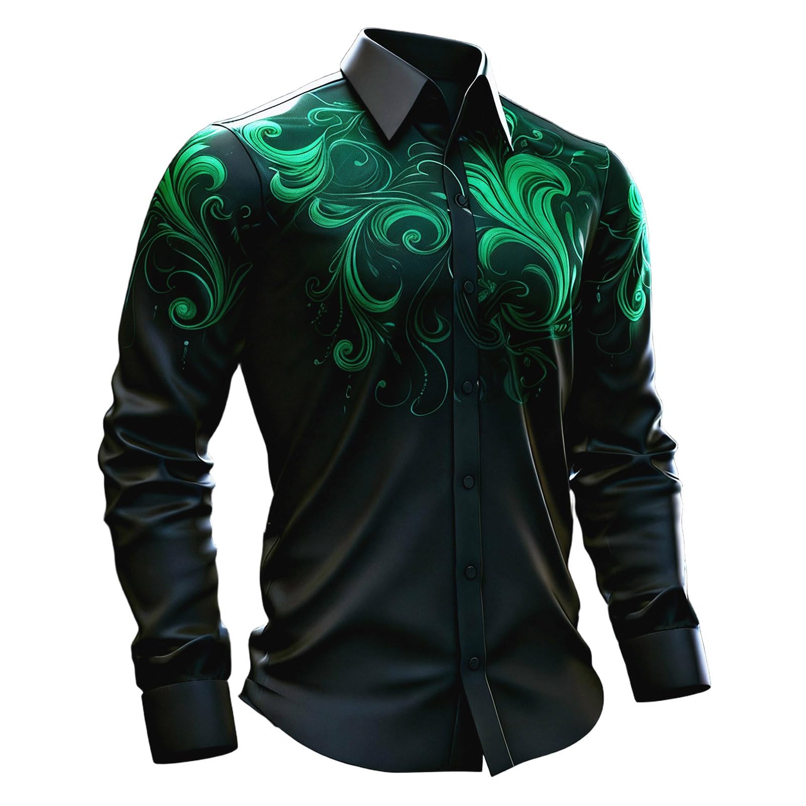 Long-Sleeved Medieval Gothic Festival Print Shirt in Classic Fit. The intricate pattern and classic fit make it ideal for costumes and casual wear., Green, L — image 1