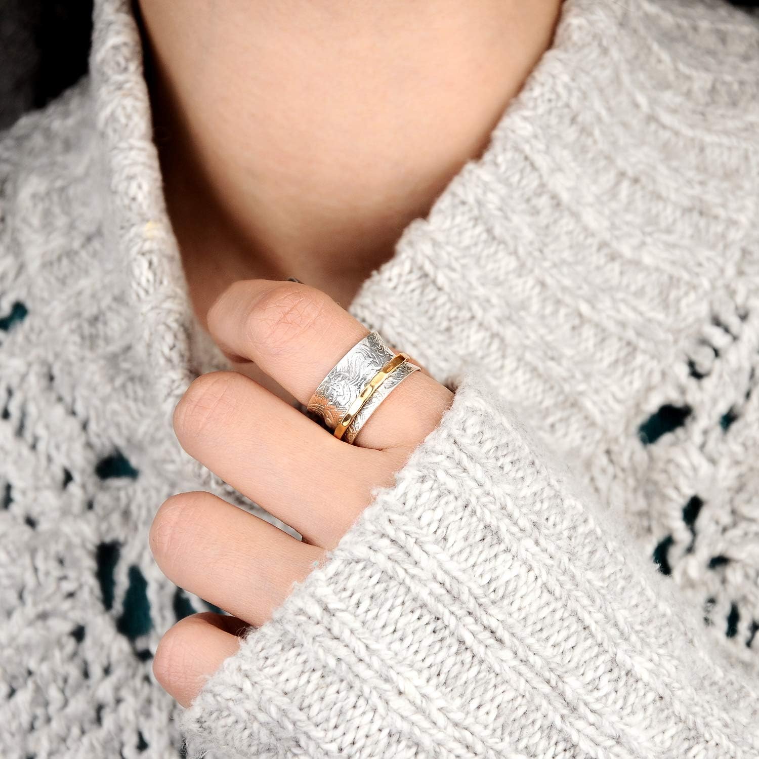 Boho-Magic Sterling Silver Fidget Rings for Women – 925 Spinner Ring with Brass Fidget – Sterling Silver Spinner Ring for Women – Flower Band for Style, Relaxation & Focus - Image 7