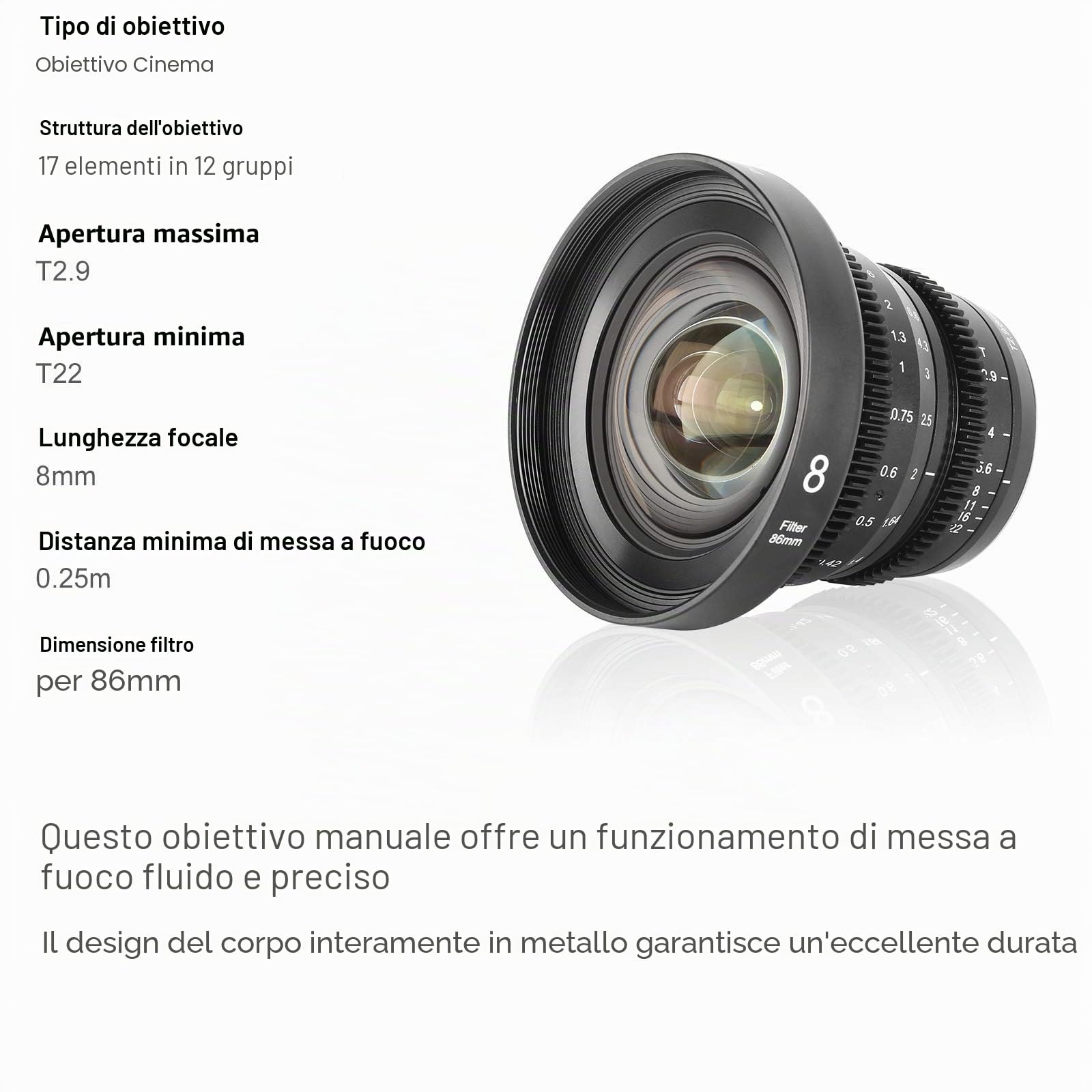 Meike - Lente obiettivo cinematografica, grandangolare da 8 mm T2.9 Mini Fixed Prime, messa a fuoco manuale per fotocamere M43 Micro Four Thirds MFT BMPCC 4K Z CAM E1 E2 Black