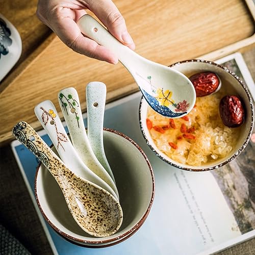 Miniatura 5 de Juego de 5 cucharas de sopa de cerámica con asas largas, cucharas de sopa de porcelana asiáticas pequeñas para fideos Pho Ramen, Wonton Dumpling Rice