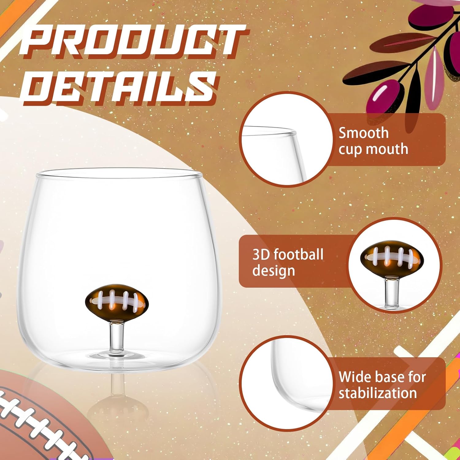 2 Pcs Football Wine Glasses 3D Stemless Football Icon Juice Glass Cups Cool Cocktail Glassware for Birthday Sports Themed Party Supplies Gifts for Friends Colleague Coworkers - Image 4