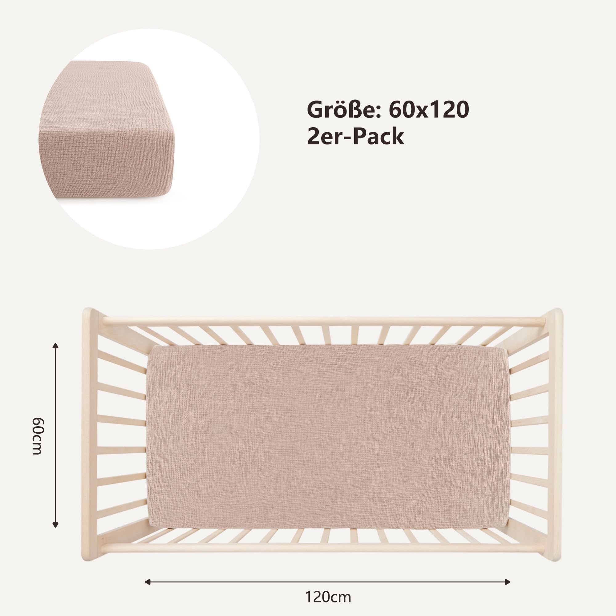 Bearmoss Sábana de Muselina, 100% Algodón, para Colchón Estándar de Cuna y Colchón de Cama Infantil, 60 x 120 cm/70 x 140 cm,Sabana Bajera Cuna Ajustables para Cama Auxiliar (Beige, 60x120)