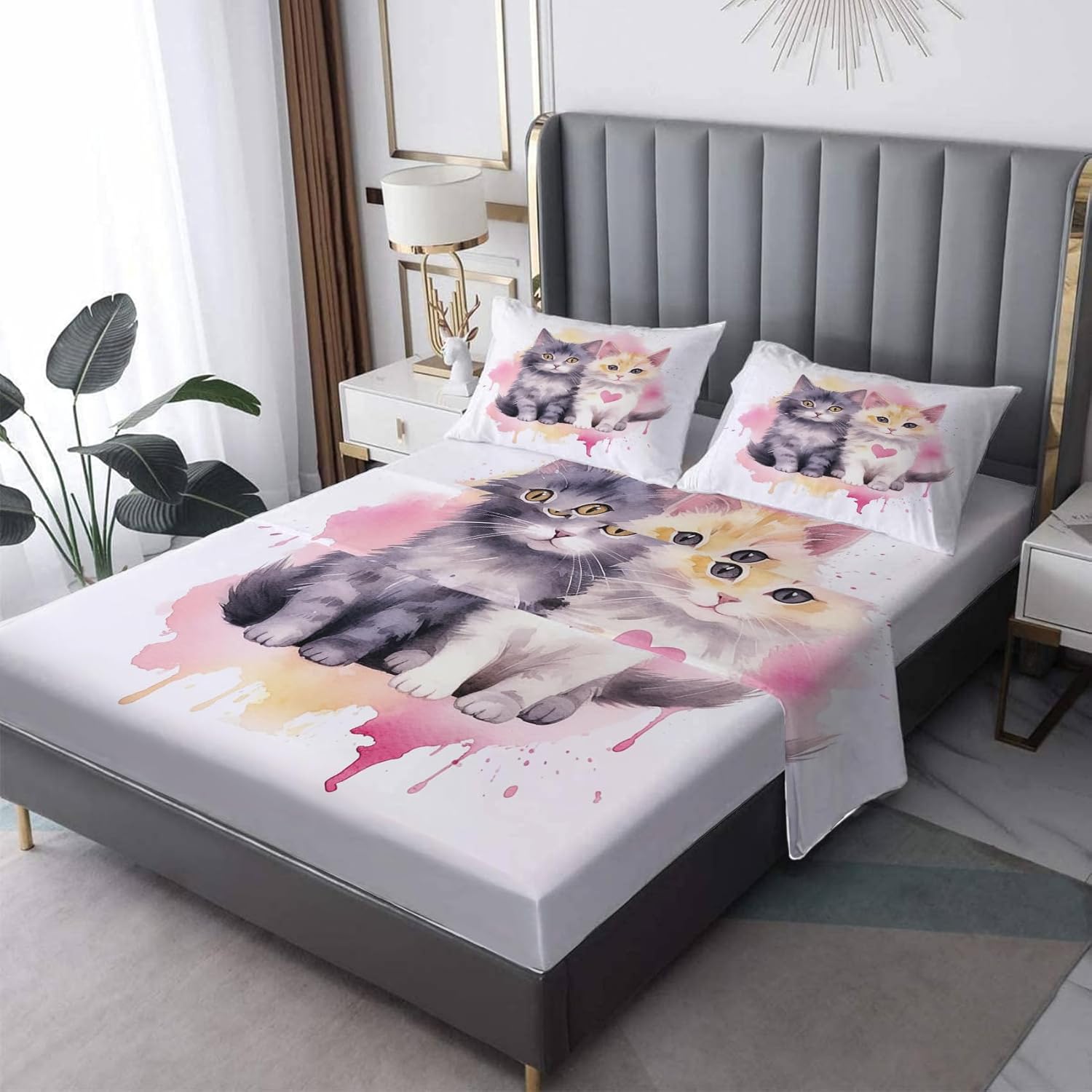 Cat Sheets Twin & Bedroom Decor - Cute Kitten Bed Sheets - Soft Breathable Microfiber Deep Pocket Patterned Bedding Sheets & Pillowcases