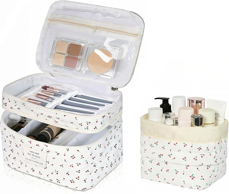 Necessaire de maquiagem Gosect com estampa floral, conjunto com 2 peças, fechamento com zíper e cordão, White Cherry