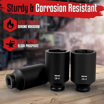 C&T Driveshaft Sockets,9 Piece 1/2 Heavy Duty Impact Socket Set (29, 30, 31, 32, 33, 34, 35, 36, 38mm) – CR-V Metric Axle Hub Nut Set, 6-Point Hex Impact Sockets for Automotive & Machinery