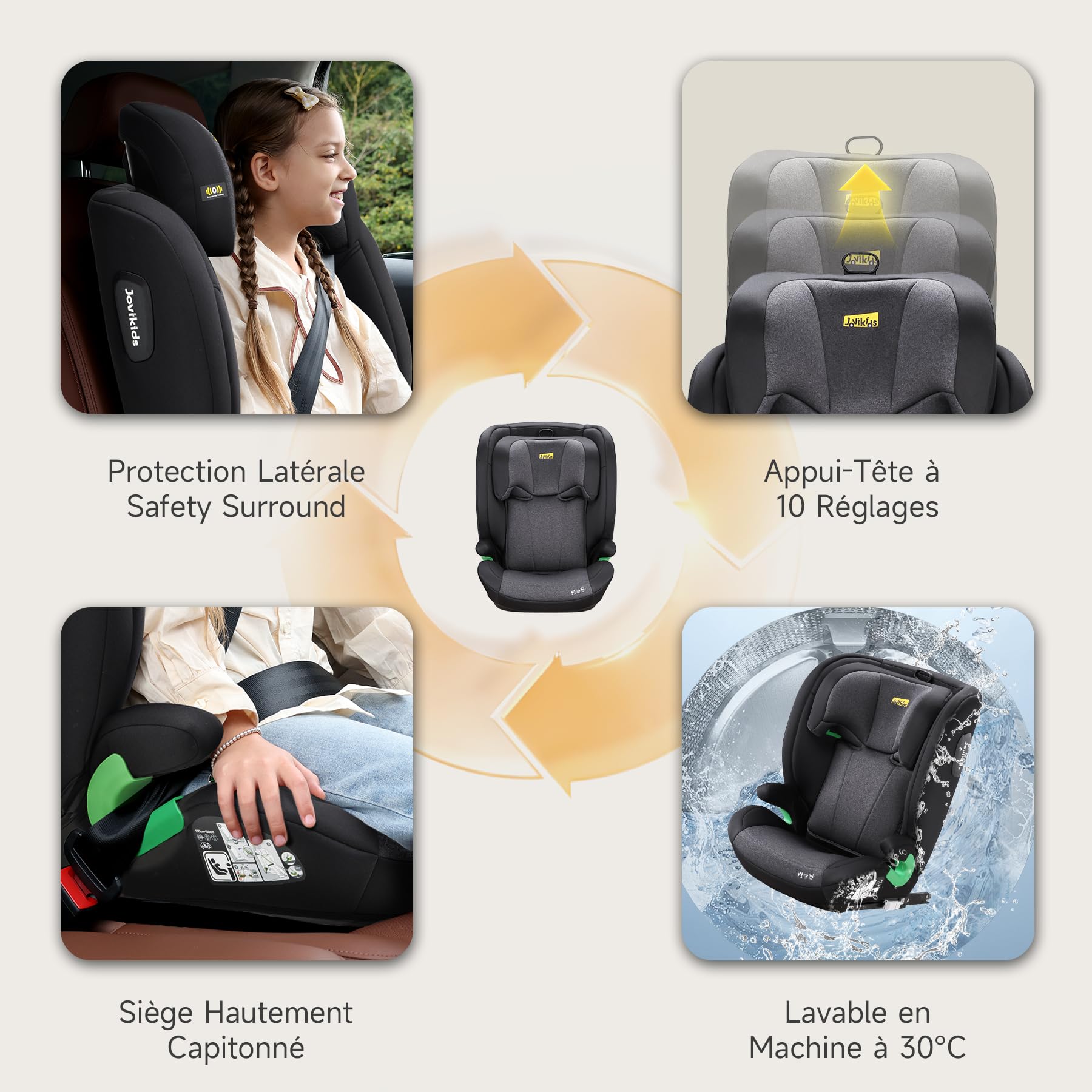 i-Size R129 Siège auto pour enfant de 3,5 à 12 ans (100-150 cm), avec dossier réglable, appuie-tête, protection contre les chocs latéraux, Rehausseur Isofix (BLACK, sans base) (Noir, Sans ISOFIX)