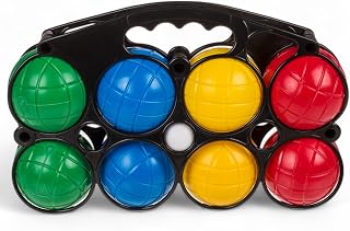 MIJOMA Juego de boccia para familias – 8 bolas de plástico en colores fluorescentes, diámetro de 7 cm, incluye cesta de transporte y bola de destino para playa, jardín y tiempo libre