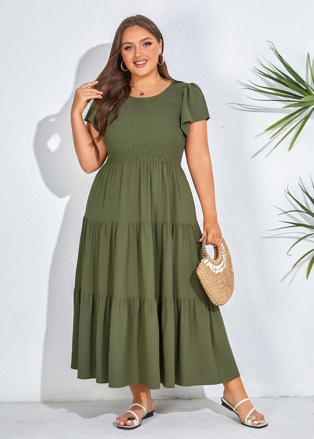 KIMCURVY Women's Plus Size Summer Casual Dress Crew Neck Flutter Short Sleeve Smocked Tiered Maxi Dress with Pockets - Image 6