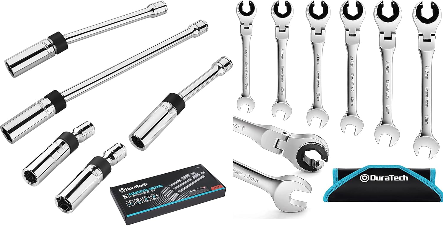 DURATECH 5PC Magnetic Swivel Spark Plug Socket Set & 6-Piece Ratcheting Wrench Set with Open Flex-head
