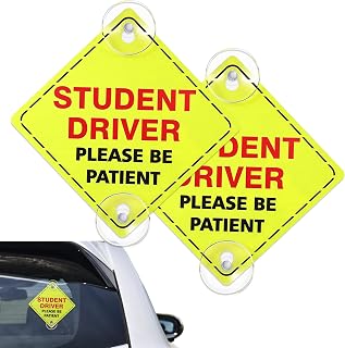 2PCS Student Driver Signs for Car, Student Driver Sticker, Please Be Patient Vehicle Window Sign Stickers with Suction Cups, New Driving Learners Safety Warning Decal for Car Windows Bumpers